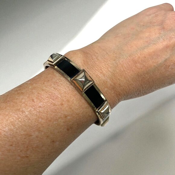 Henri Bendel Gold-Tone Hinged Bangle Bracelet With Black Enamel Crystal Accents - Picture 1 of 5